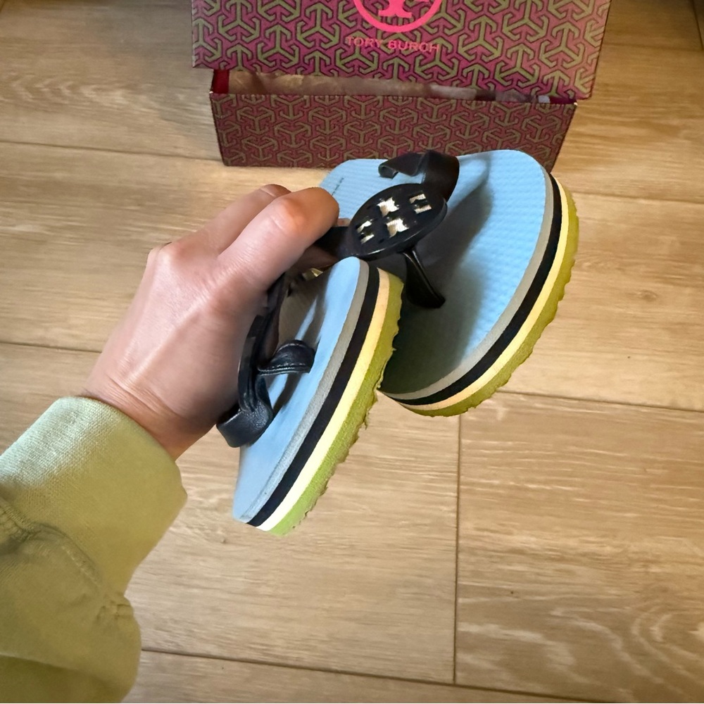 Tory Burch Minnie Flip Flop Napa Leather Black Blue White Shoe Sandal Slip on 7 - Picture 6 of 11